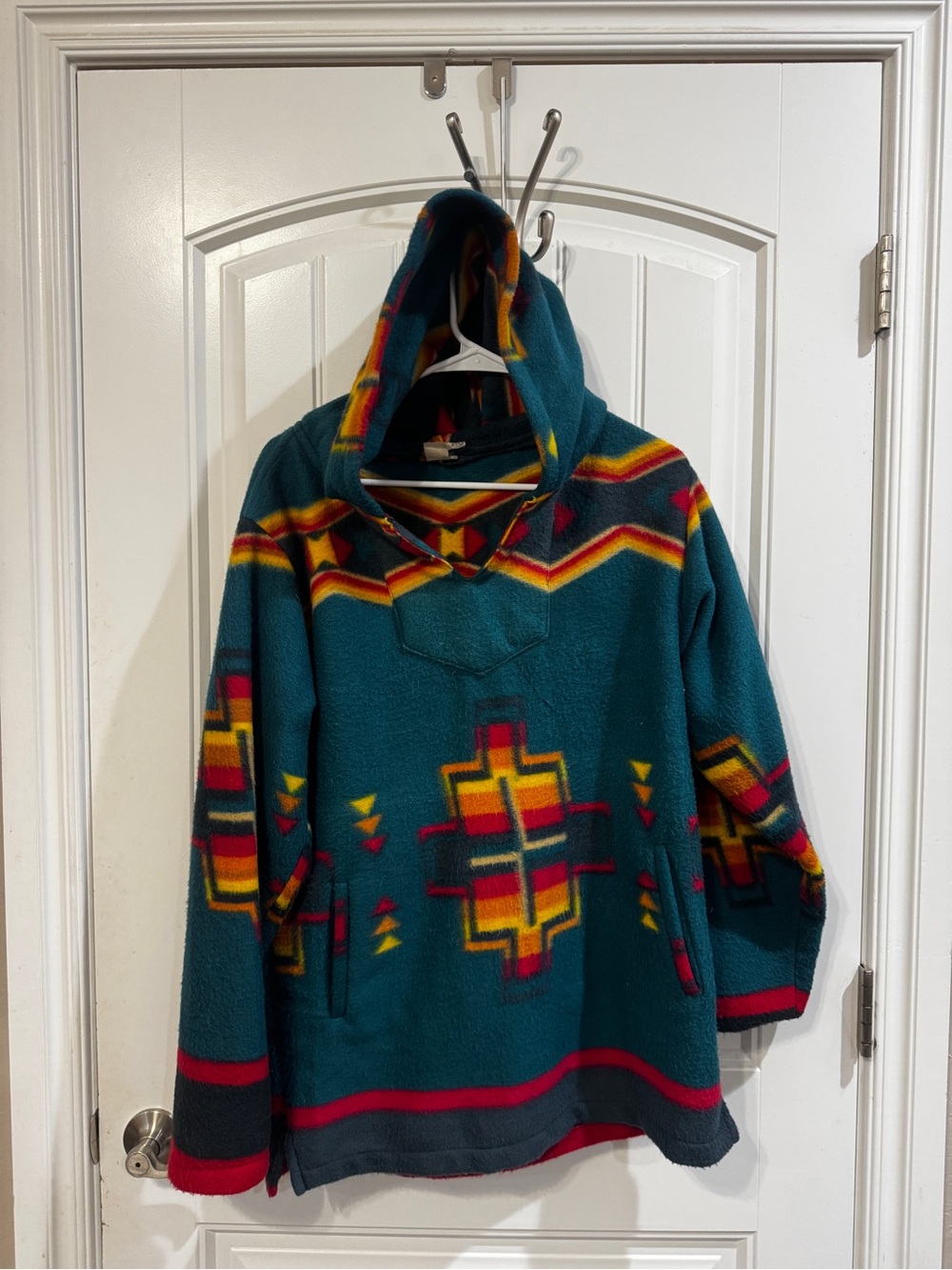 Teal Hooded Fleece Pullover Jacket with Southwestern Print